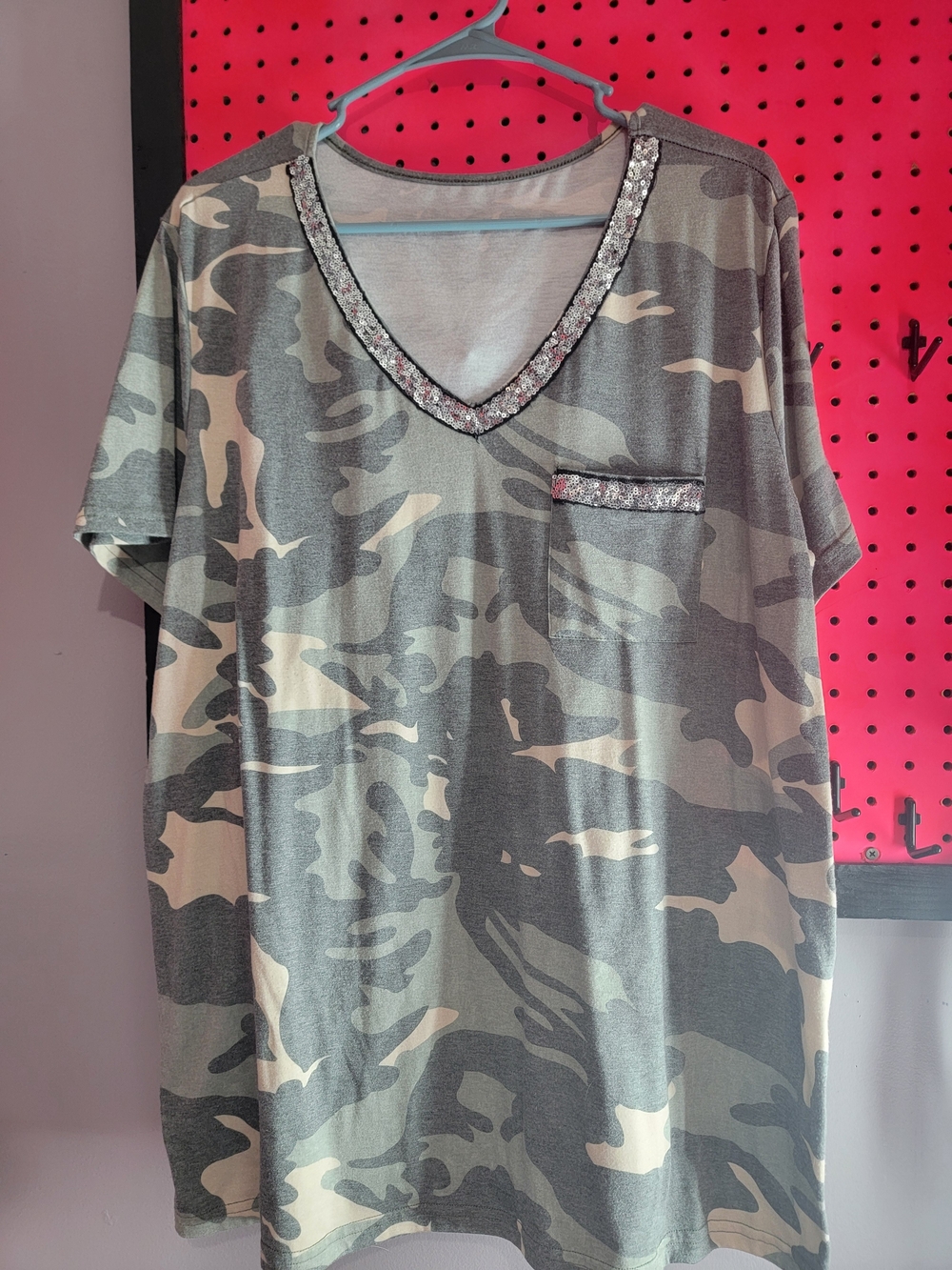 Sequin-Trim Camo V-Neck Tunic Top - Gray/Green